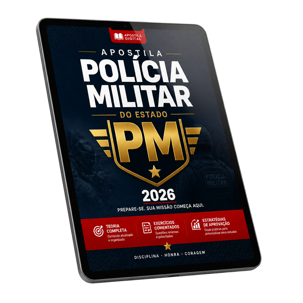 Mockup da apostila digital da Polícia Militar 2026